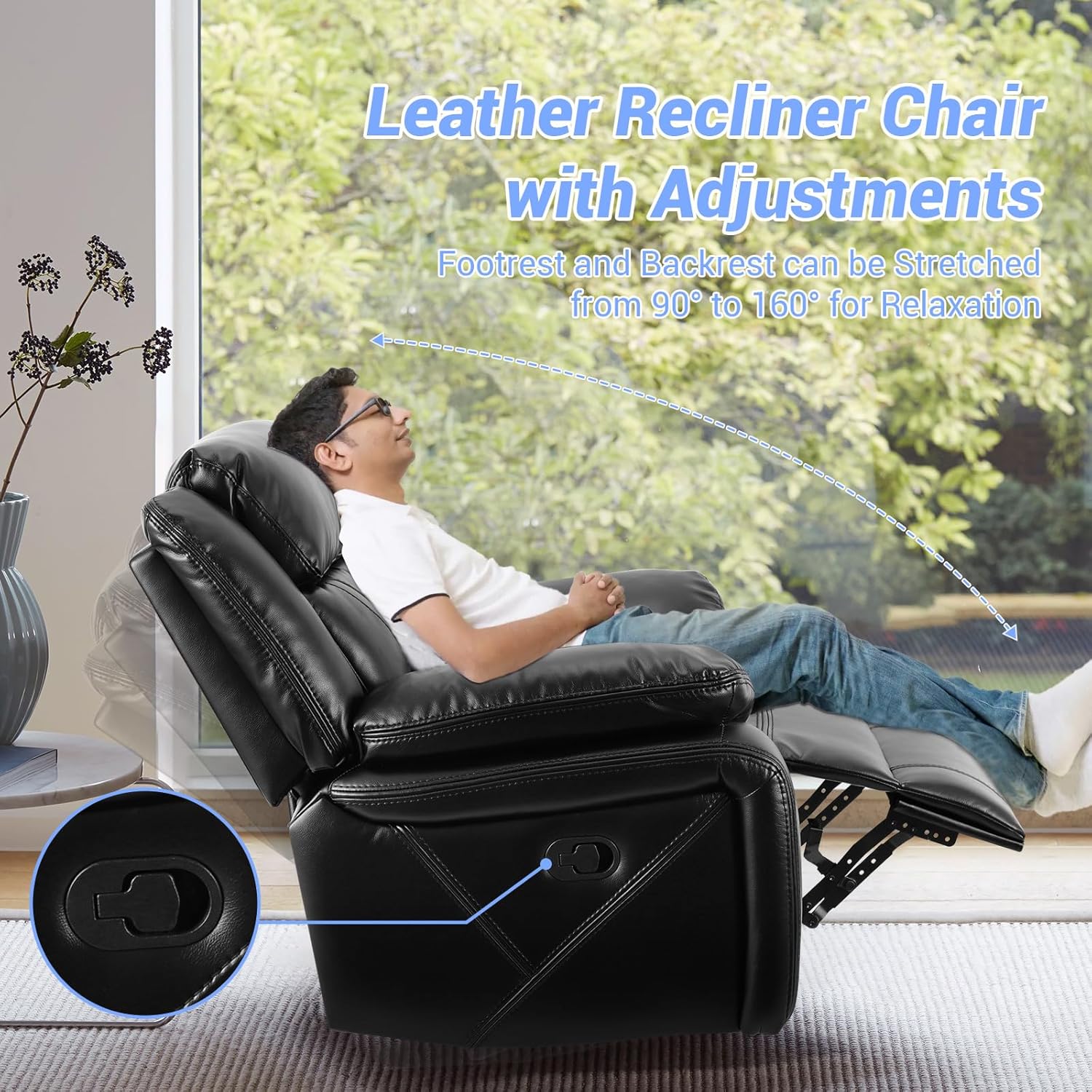 Swivel Rocker Recliner Chair, Glider Rocking Recliner Leather Lazy Boy Recliners Chair for Small Spaces, PU Faux Manual Reclining Chair for Living Room Bedroom RV Nursery Black