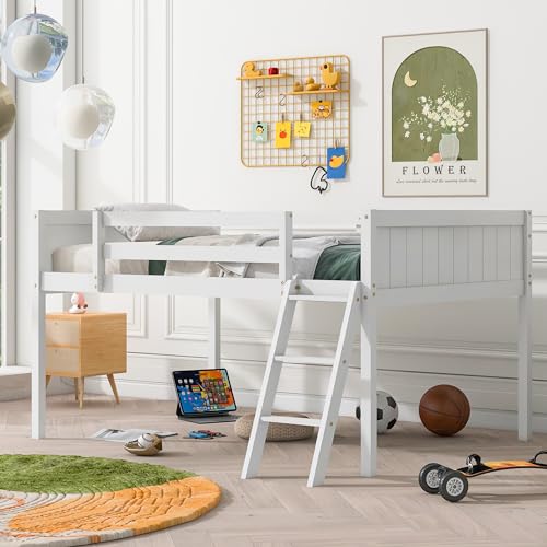 Full Size Wood Low Loft Bed with Convertible Ladder, Solid Wood Bed Frame with Safety Guardrail, 350 lbs Weight Capacity, No Box Spring Required, for Girl Boy Kid Bedroom (Gray-072)