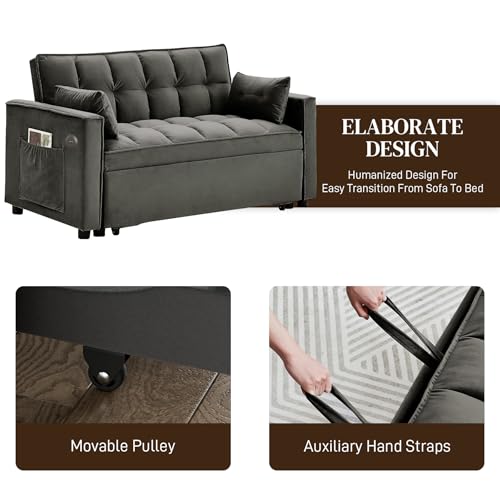 3 in 1 Convertible Sleeper Sofa Couch with Pullout Bed, Adjustable Pull Out Loveseat Sofa with USB Port & Pocket, Modern 2 Seater Chaise Lounge for Living Room, Small Spaces, Black Velvet