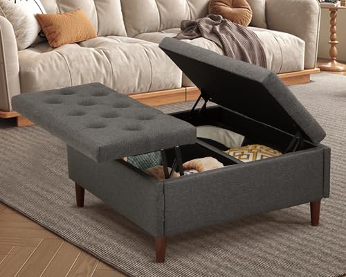 Grepatio Square Tufted Ottoman with Storage - 35.5" Large Lift-Top Storage Ottomans Upholstered Coffee Table for Living Room Bedroom (Grey)