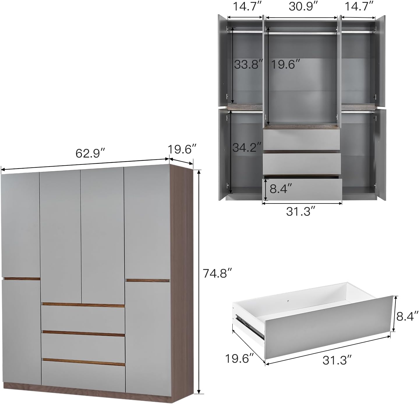 Wooden Armoire Wardrobe Closet, 4-Door 3 Drawers Gray Closet Cabinet for Large Capacity, Armoires and Wardrobes Closet for Hanging Clothes with Hanging Rod 63" L x 20.3" W x 72" H
