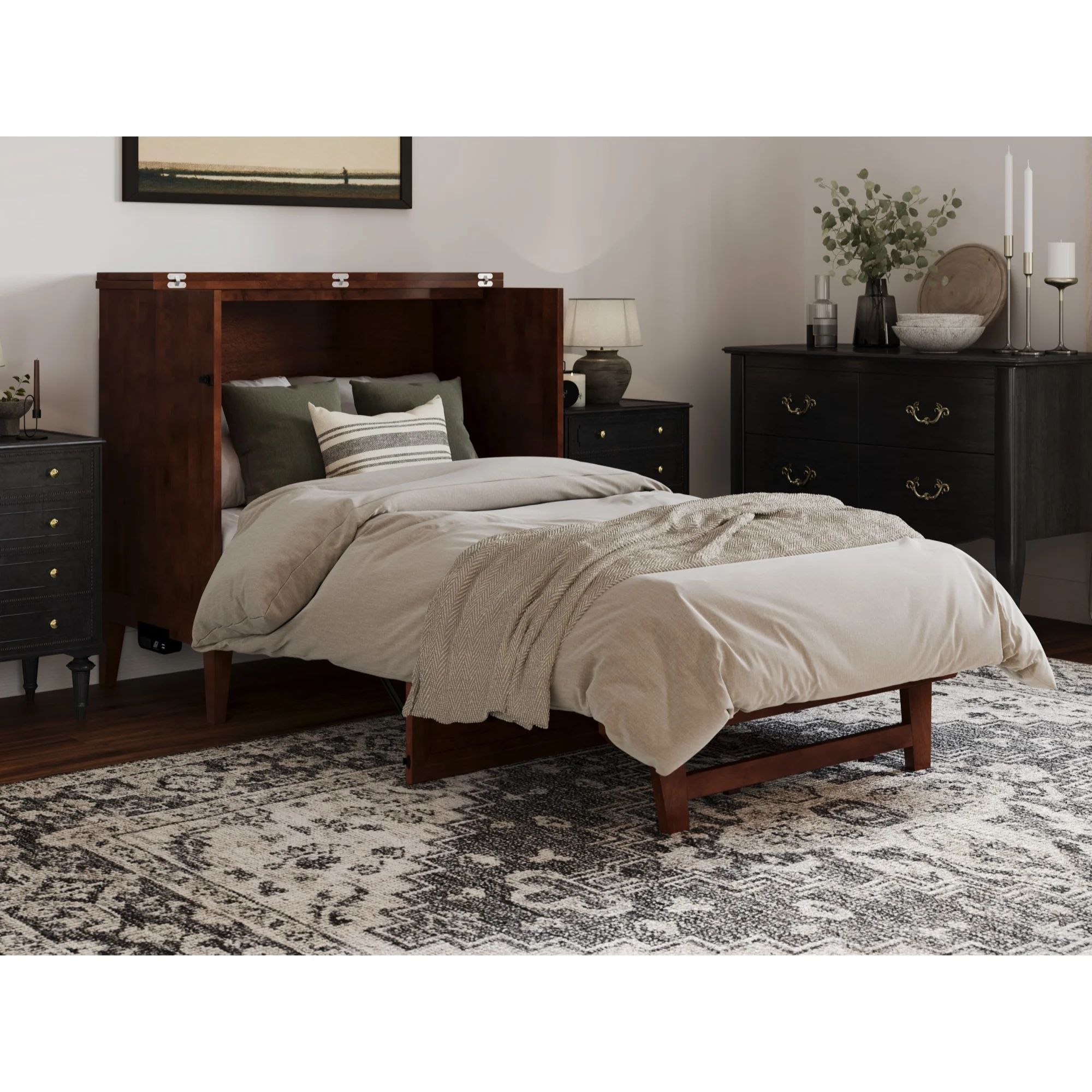 Santa Fe Twin Murphy Bed Chest with Mattress & Built-in Charger in Walnut