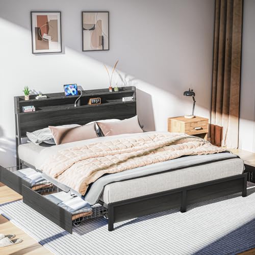 EVASTAR Queen Bed Frame with Storage Headboard and 4 Drawers, Metal Platform Bed Frame with Charging Station, Easy Assembly, Black