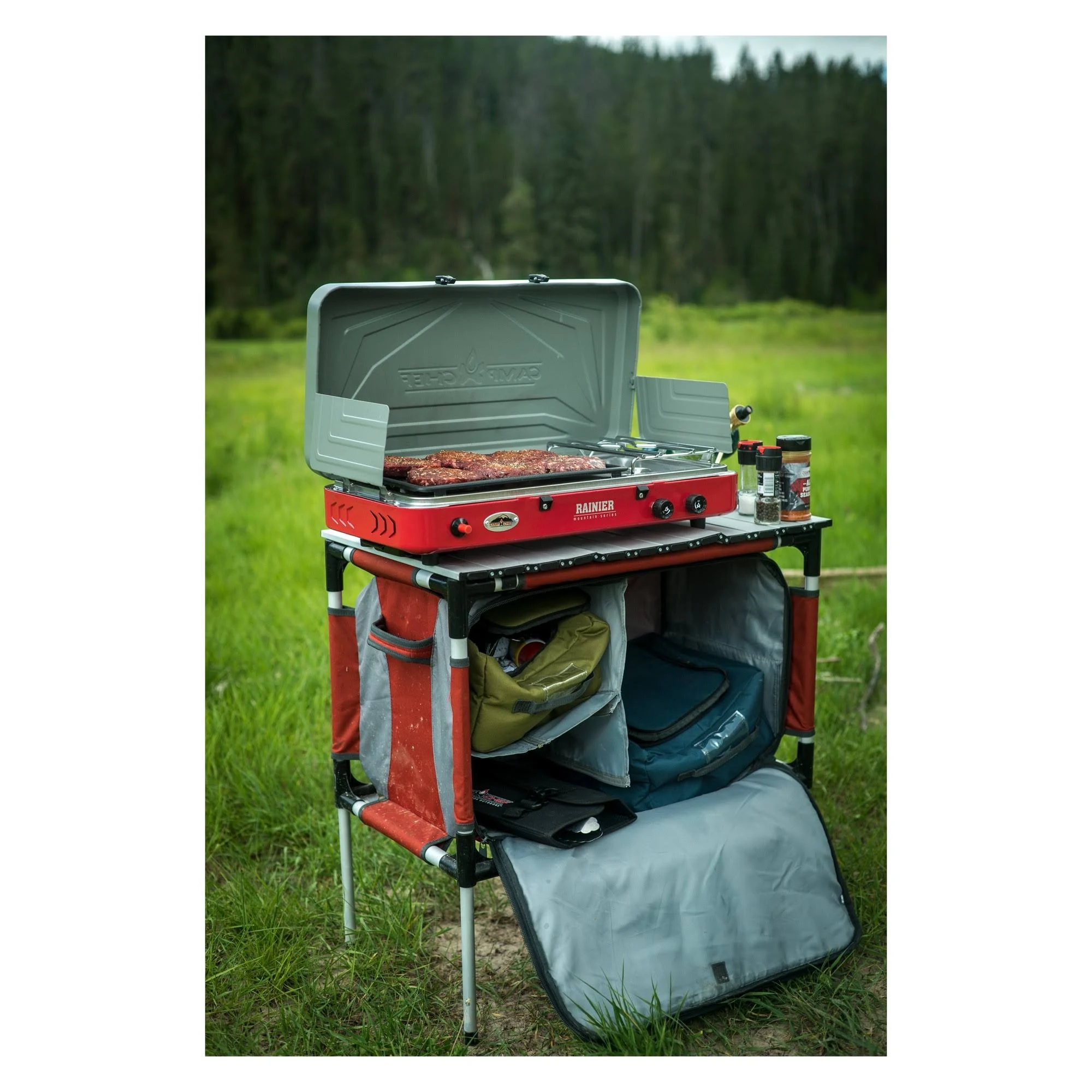 Camp Chef Mountain Series Sherpa Table u0026 Organizer, Grey/Red