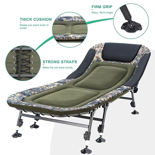 XL Folding Camping Cot with Mattress for Adults, Oversized Camping Bed with Carry Bag, 180° Adjustable Recliner, Portable Outdoor Lounger for Camping, Hiking, Outdoor, Green