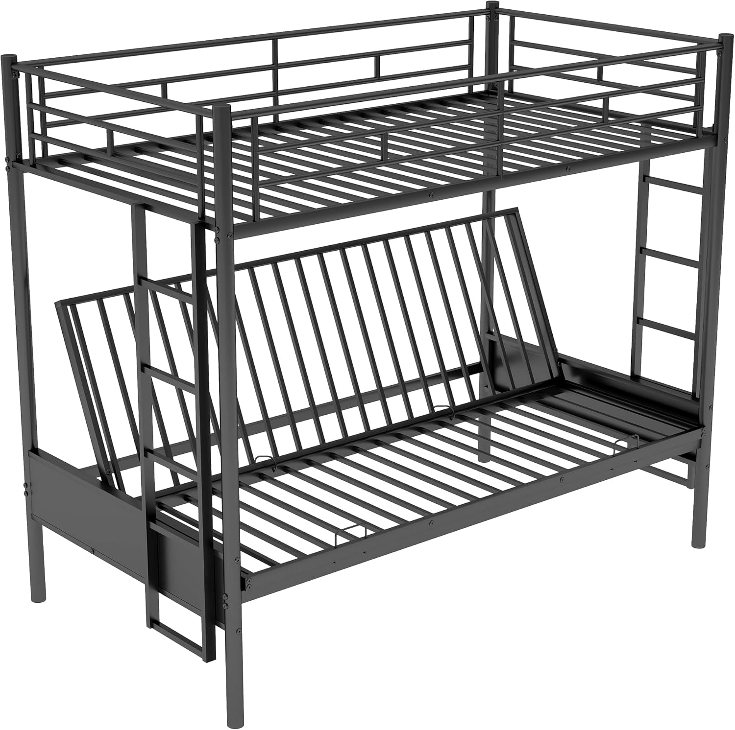 Twin Over Futon/Full Bunk Bed, Convertible Couch and Bed, Heavy Duty Metal Frame with 2 Side Ladders and Guardrail for Kids/Teens/Adults, Black