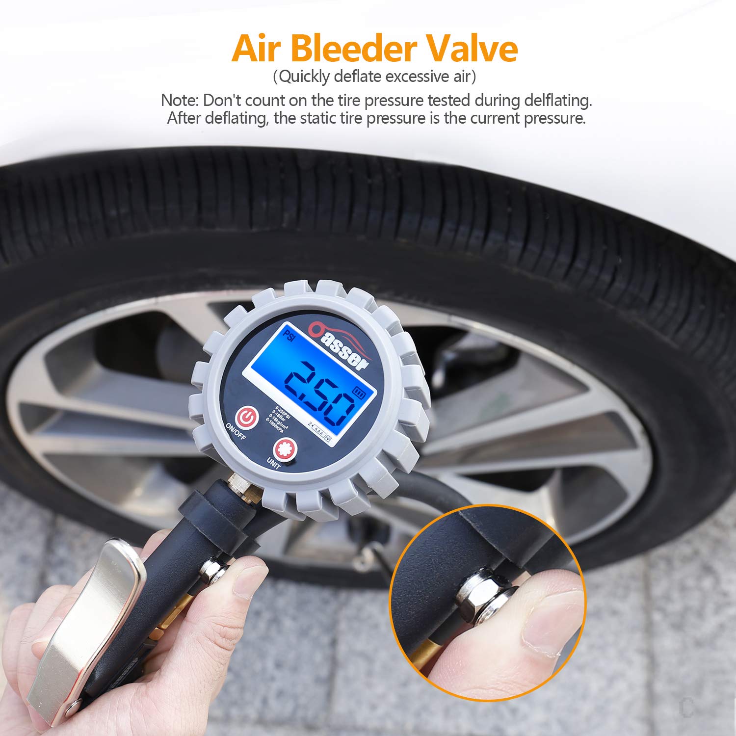 Oasser Tire Inflator with Gauge Tire Pressure Gauge Inflator 255PSI Air Compressor Accessories with Brass Air Chuck Dual Head Air Chuck 1/4" NPT Digital Backlit LCD P5