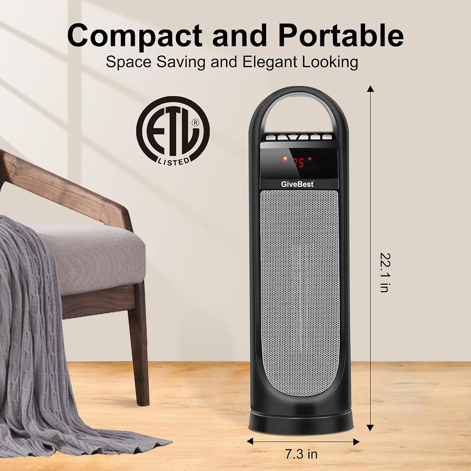 GiveBest Tower Space Heater, Portable Ceramic Heater 1500W/900W with Remote Control, Timer, Thermostat, Overheat & Tip-Over Protection, Rotating Electric Heater for Room Home Office Garage Indoor Use