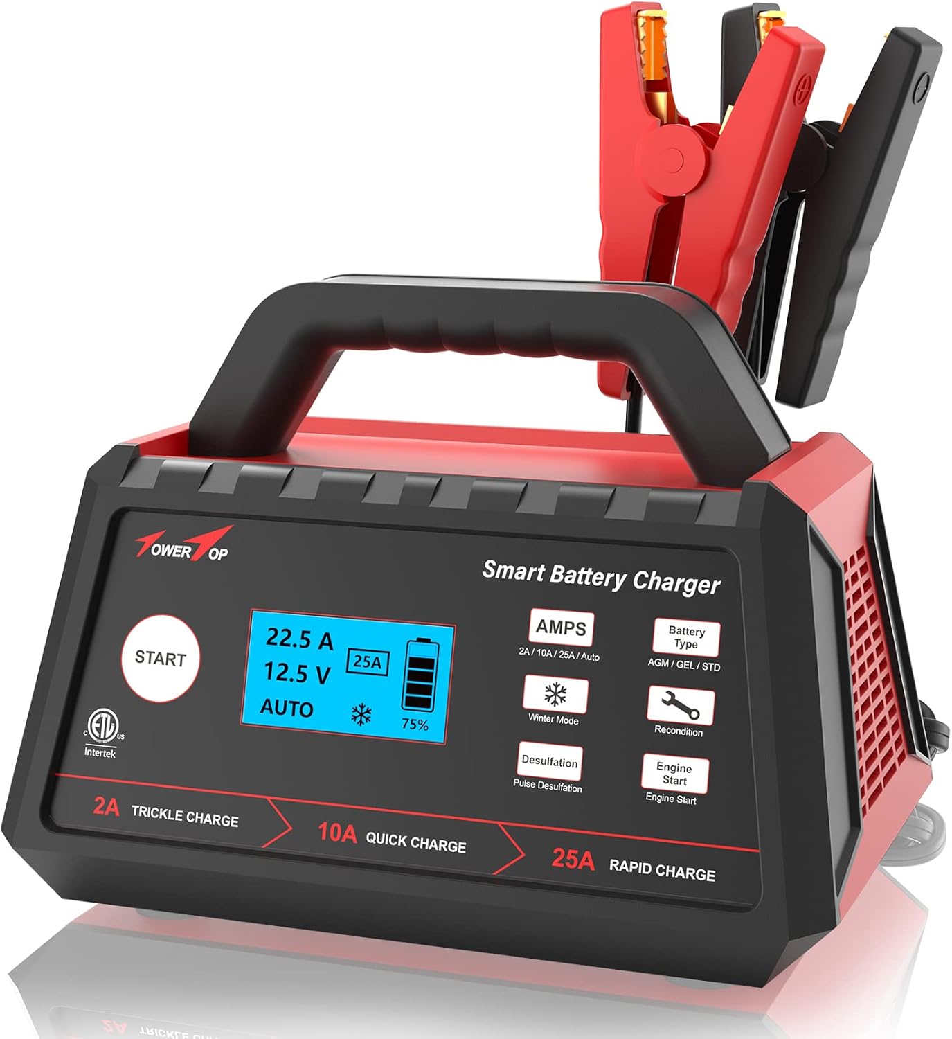 TowerTop Battery Charger, 2/10/25Amp 12V Fully Automatic Smart Trickle Charger, Automotive Battery Maintainer with Engine Start, Winter Mode, Recondition, Desulfation, LCD Display, ETL (BC-025 PRO)