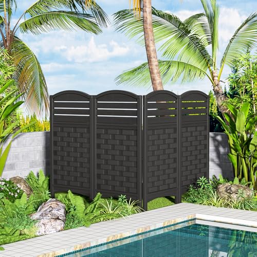 ADDOK Air Conditioner Fence Privacy Screen,Resin Outdoor Privacy Vinyl Fence,4 Panels Trash Can Enclosure,45" (H) x 22" (W) Per Pool Equipment Enclosure with Metal Stake