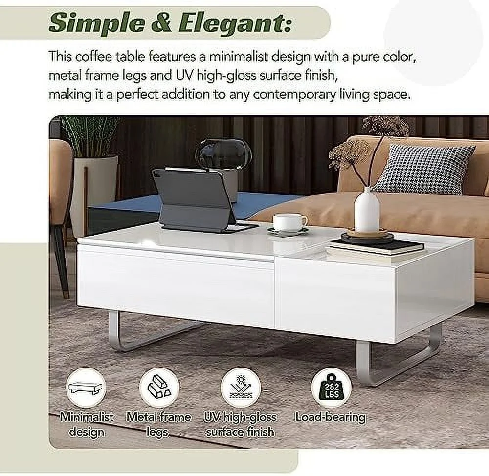 xrboomlife Coffee Table  Modern 45.3 Inch Lift Top Coffee Table with  and Hidden Compartment  Rectangle Cocktail Table with Drawer  UV High-Gloss Surface Center Table for Living Room  Whi