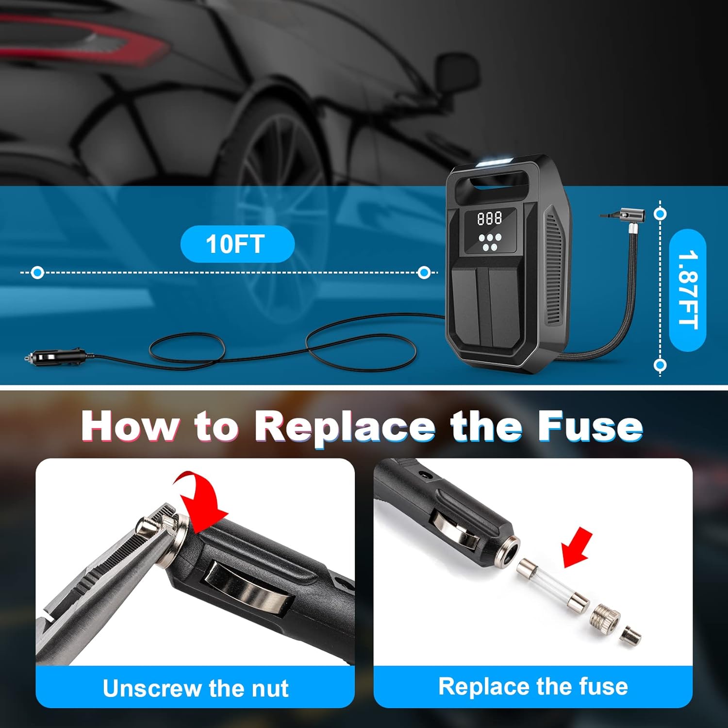 FBK Tire Inflator Portable Air Compressor 12V DC Car Air Pump with Digital Display, LED Light, Auto Shut Off Function, Set of Nozzle Adaptors for Car, Motorcycle, Bicycle, Ball, and Other Inflatables