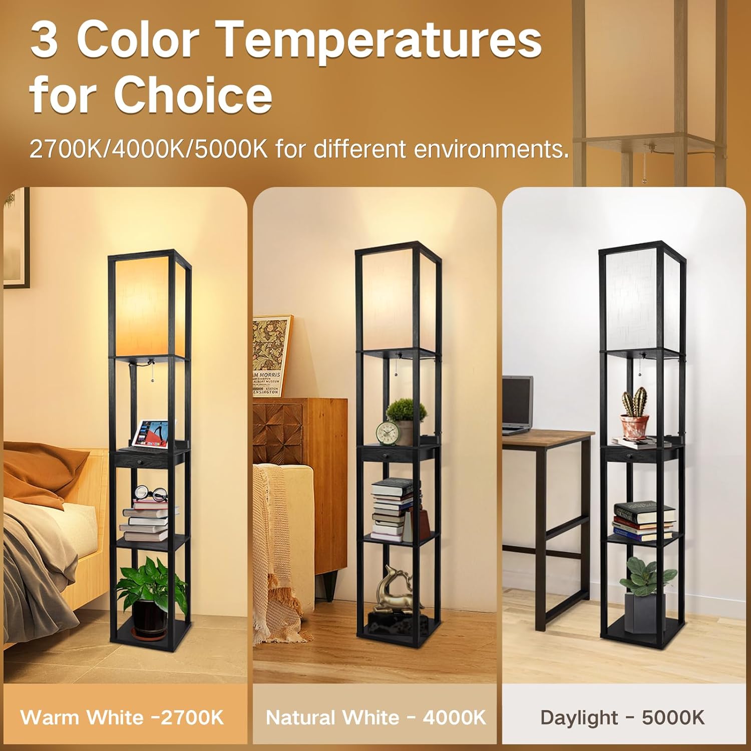 OUTON Wood Tripod Floor Lamp with Shelves, Mid Century LED Modern Dimmable Floor Lamp with Remote Control, Sturdy Tall Standing Lamp with Beige Linen Texture Shade for Living Room, Bedroom, Office