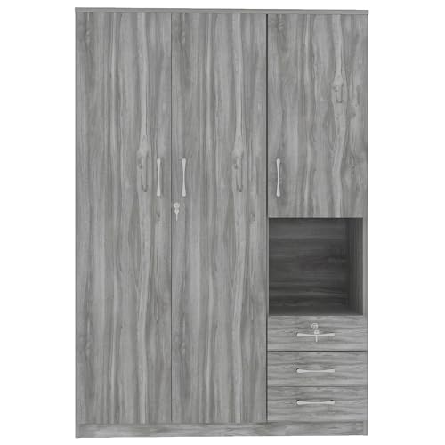 Merax Wooden Wardrobe Closet Organizer with Big Drawers, Hanging Rail and Shelves Tall 3 Doors Armoire Clothes Storage Cabinet for Bedroom, Laundry & Living Room, Easy Assembly, Grey