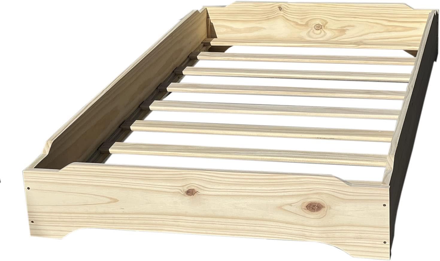 Stackable Beds - Set of Two - Twin over Twin Wooden Bed Floorbed Frame Unfinished -Easy to Assemble Solid Pine Wooden Bed Frame