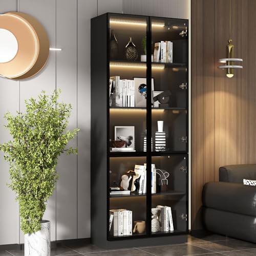 MOUMON Glass Display Cabinet with Lights & 4 Pop-up Doors, Glass Cabinet Display Case with 5-Tier Storage Shelves, for Living Room Hallway Black (31.5”W x 14.2”D x 78.7”H)