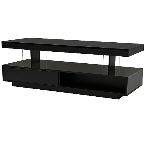 LED Coffee Table with Drawer, Modern High Gloss Coffee Table with 2-tiers Storage, Living Room Table (Black)