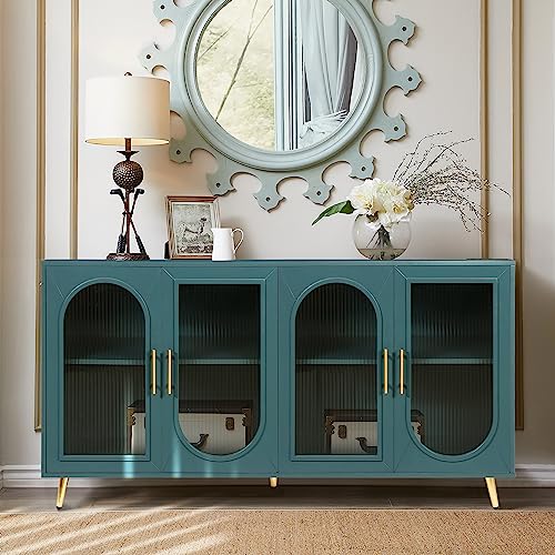60'' Modern 4-doors Wood Storage Sideboard Buffet Cabinet Console Gold Metal Legs Handle Adjustable Shelves Entryway Accent Credenza Table for Kitchen Dining Room Living Room Hallway (Navy Blue)