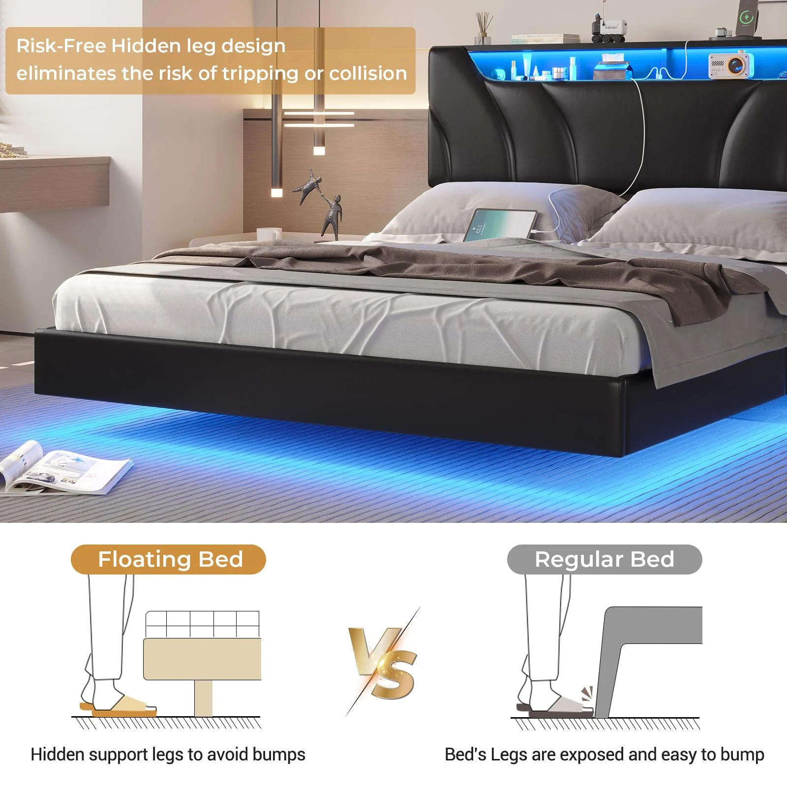 Queen Size Floating Bed Frame with Outlets, LED Upholstered Platform Bed with Storage Headboard, No Box Spring Needed, Black
