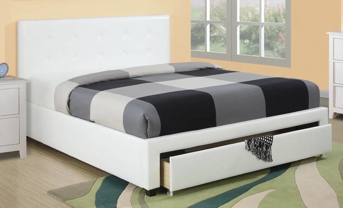 Modern Classic White Full Size Bed Underbed Storage Darwers Wooden Tufted Upholstered Faux Leather 1pc Bedframe Bedroom
