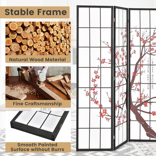 GOFLAME Japanese Style 4 Panel Room Divider, 6ft Folding Shoji Screen Room Partition with Plum Blossom Design, Solid Wood Frame, Freestanding Wall Divider, Indoor Room Separator for Home Office