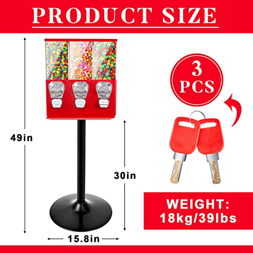 Treela Black Commercial Candy Vending Machine with Stand Triple Head Vending Machine Gumball Vending Machine with Removable Canisters 25 Cent Coin Operated Candy Dispenser for Business