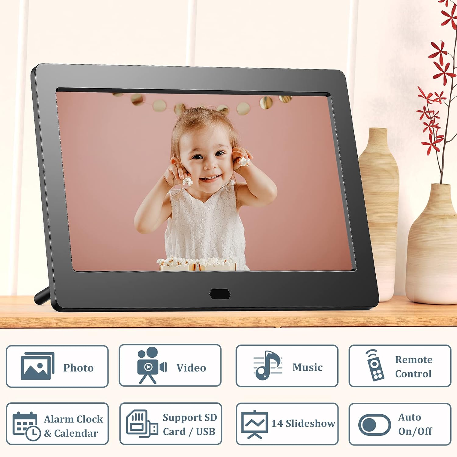 Digital Photo Frame with 8.1 Inch 1920x1080 FHD IPS Screen - Hauyince Digital Picture Frames with Remote Control, Slideshow, Picture Preview, Adjustable Brightness, Calendar, Using SD Card & USB Drive