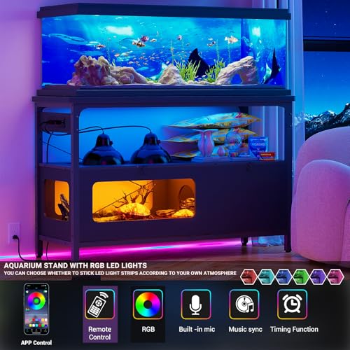 55-75 Gallon Fish Tank Stand with LED Light, Aquarium Stand with Outlet and Storage, 49.2" Reptile Terrarium Tank with Lockable Door, Observable Screen and Top Ventilation Mesh, Gray Oak