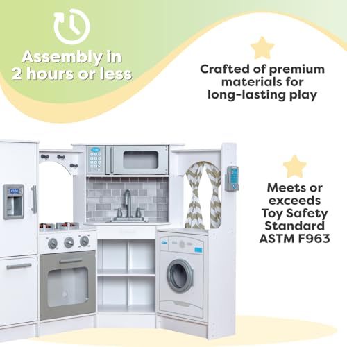 KidKraft Ultimate Corner Wooden Play Kitchen with Lights & Sounds, Play Phone and Curtains, Espresso, Gift for Ages 3+