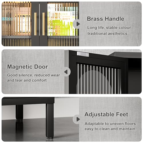 Metal Storage Cabinet, 65” Kitchen Pantry Cabinet with Glass Doors and 3 Adjustable Shelves, Display Curio Cabinet with 2 LED Lights, Black Cabinet for Home Office, Dining Room, Living Room