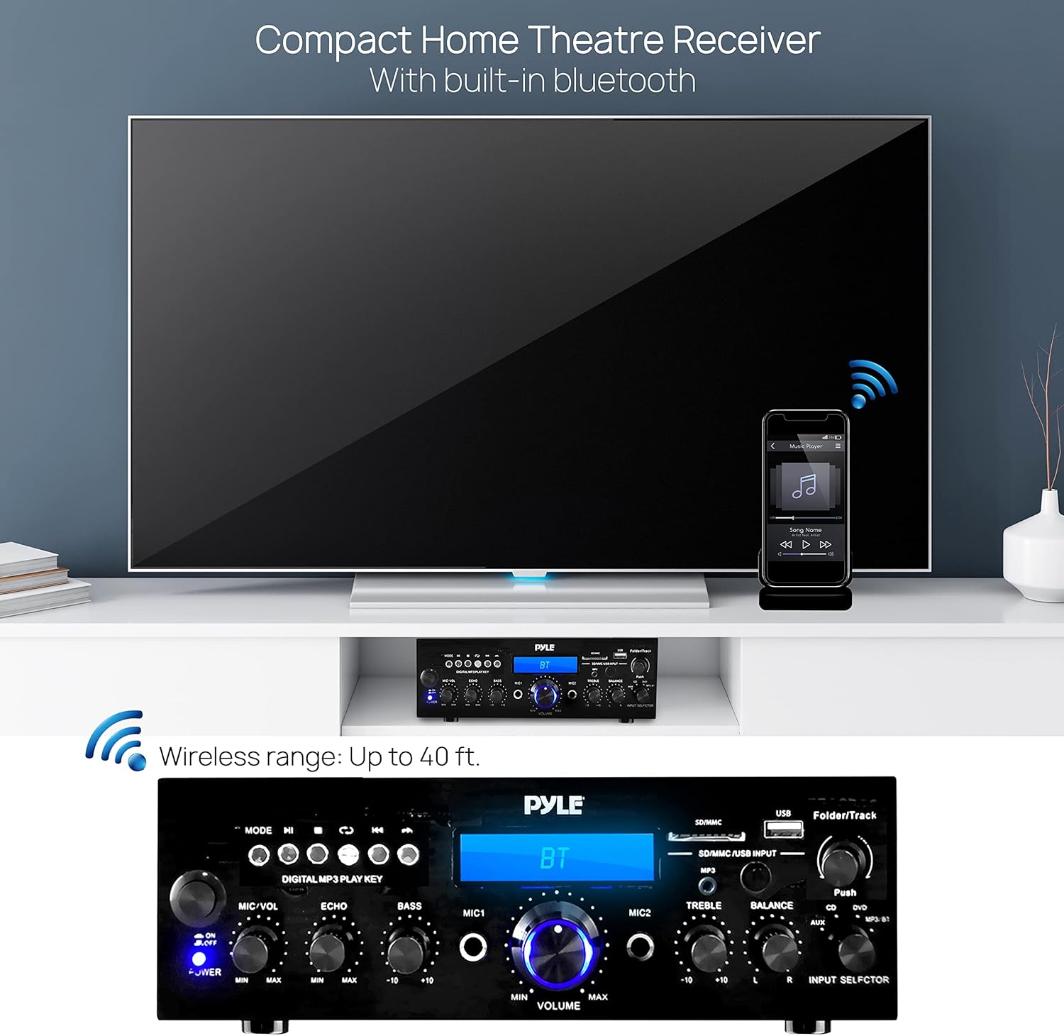 Pyle Compact Bluetooth Stereo Amplifier - 200 Watt Desktop Audio Power Amp Receiver with FM Radio, MP3/USB/SD Readers, Digital LCD Display, Microphone Input - PDA612BU.5 Pack of 2