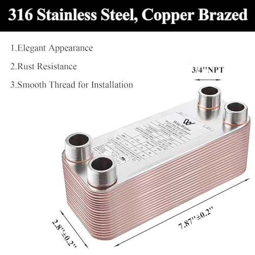 Brazed Plate Heat Exchanger Copper/SS316L 3"x8" 10-40 Plates 3/4" MPT Floor Heating, Water Heating, Snow Melting