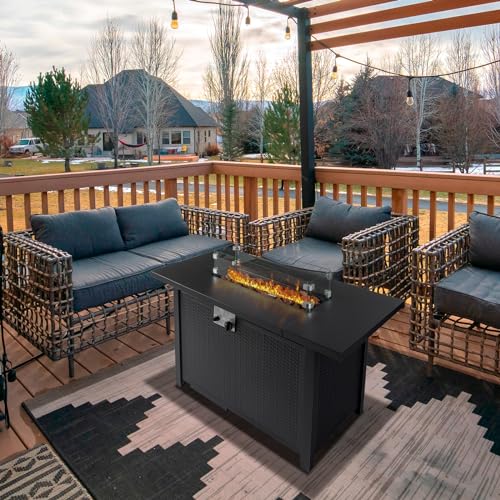 43 Inch Propane Fire Pit Table with Lid and Metal Tabletop for Outdoor, 50,000 BTU Gas Fire Pit Table with 6.6 Pounds Lava Stones,2 in 1 Square Firepit Table for Patio Backyard Garden Party