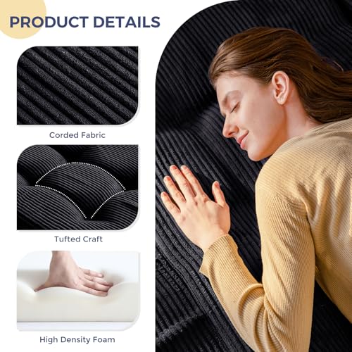MAXYOYO Tri-Fold Mattress, 6 Inch Tufted Folding Mattress Full Foam Bed, Foldable Floor Mattress Guest Bed Mattress Topper Portable Camping Sleeping Bed with Corded Fabric, Black, 53"x75"