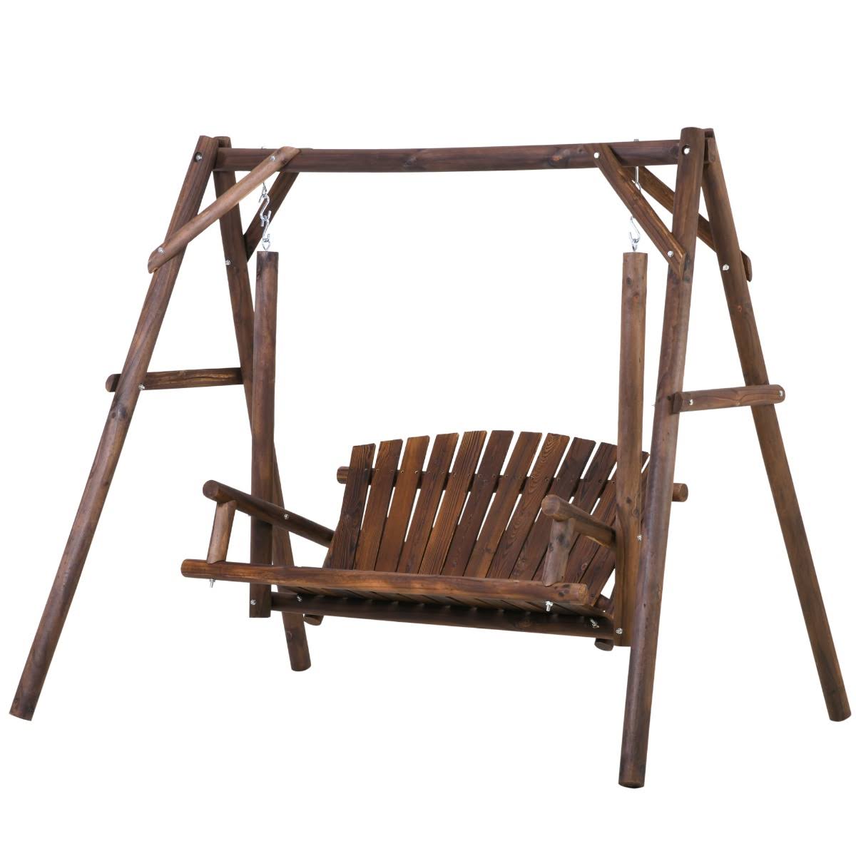 Outsunny 6.5& Outdoor Rustic Loveseat 2 Person Freestanding Solid Wood Natural Log Garden Swing - Carbonized
