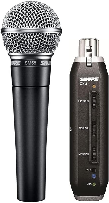 Shure SM58 Cardioid Dynamic Vocal Microphone with On/Off Switch, Pneumatic Shock Mount, Spherical Mesh Grille with Built-in Pop Filter, A25D Mic Clip, Storage Bag, 3-pin XLR Connector (SM58S)