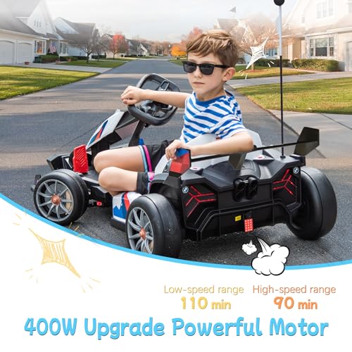 36V Electric Go Kart for Kids, Licensed BMW Battery Powered Drift Racing Go Kart, 7.5 MPH Drift Kart with Dual 300W Powerful Motor, Kids Race Pedal Go Karting Car w/Adjustable Speed, White