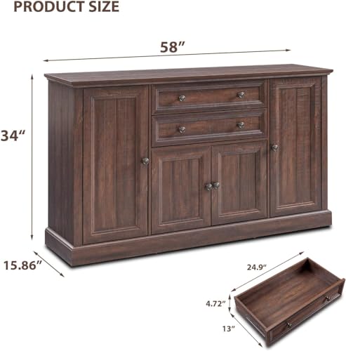 Farmhouse 58" Buffet Cabinet with Storage, 34" Tall Coffee Bar Cabinet w/2 Large Drawers & 4 Grooved Barn Doors, Wood Rustic Sideboard Buffet Cabinet for Dinning Room, Kitchen, Living Room,Brown