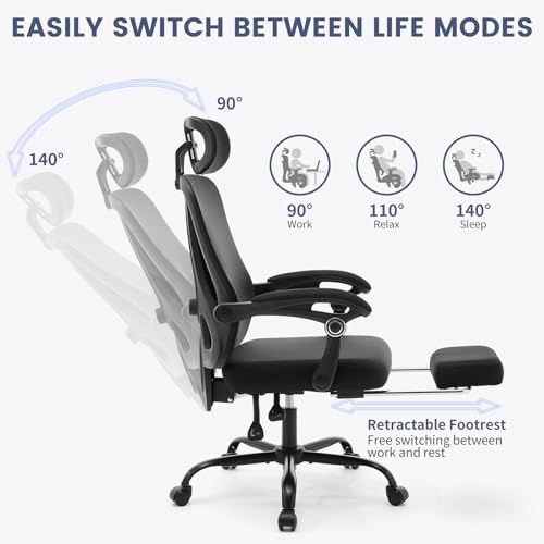 Ergonomic Office Chair with Footrest, Ergonomic Desk Chair with Adjustable Lumbar Support, High Back Mesh Office Chair with Headrest, Executive Office Computer Chair 360 Swivel Task Chair Cream