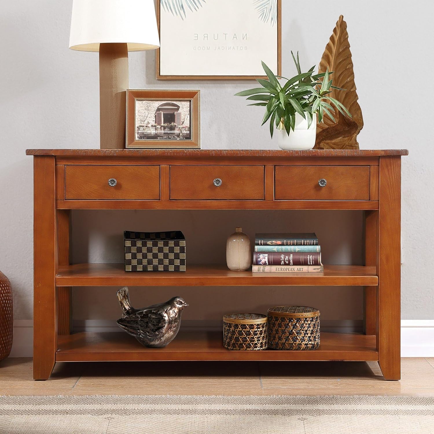 Knocbel Long Console Table with 3 Storage Drawers and Double Bottom Open Shelves,Wooden Sofa Tables Classic Retro and Modern Design for Entryway Entry Hallway Foyer,50" W x 16" D x 30" H,Brown