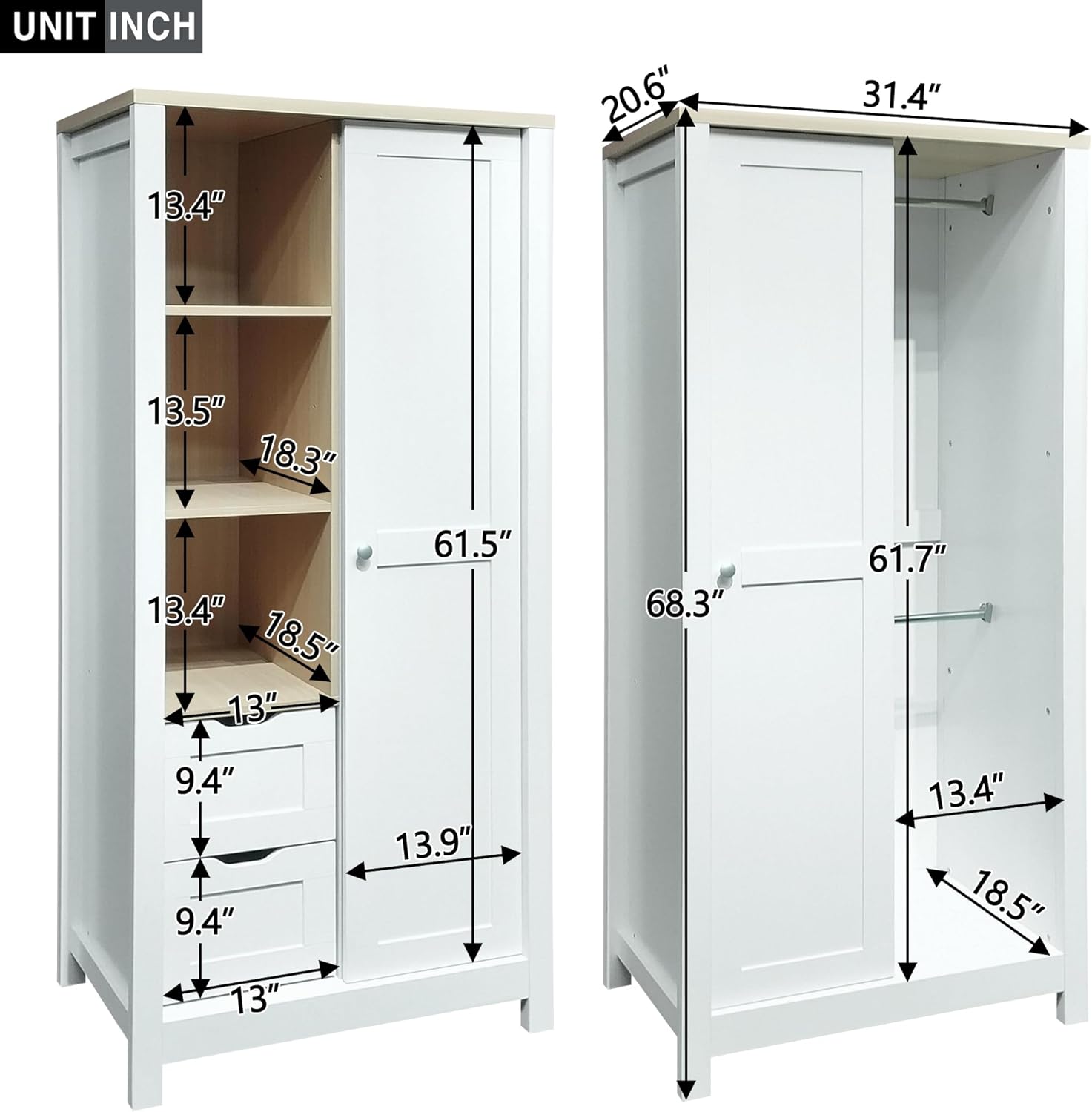 68.30 inch Wardrobe Closet Organizer with 2 Drawers, Open Shelves and Hanging Rods Slim Wooden Armoire Sliding Door Functional Clothes Storage Cabinet for Bedroom, White