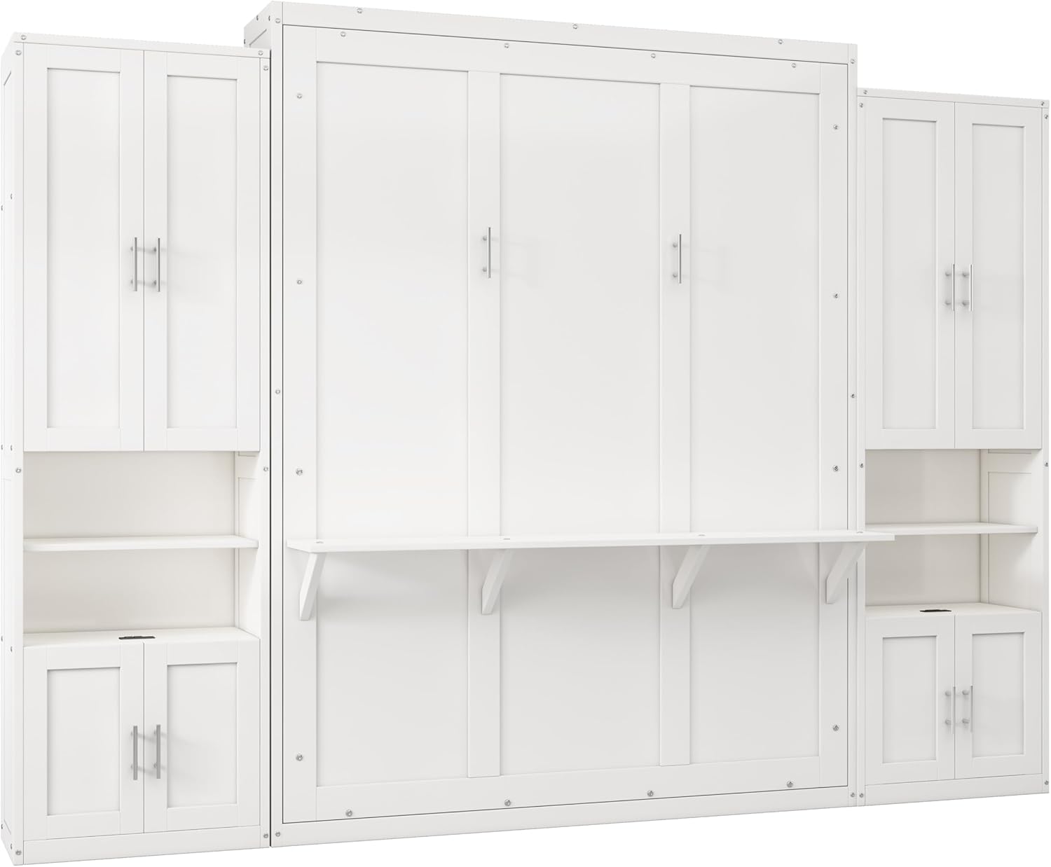 Merax Queen Size Murphy Bed with 2 Side Cabinet Storage Shelves Cabinet Folding Wall Bed with Desk Combo for Guest Room,Study,Office,White