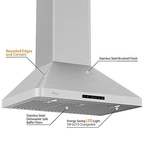 Awoco Wall Mount 9” High Stainless Steel Range Hood 4 Speeds, 6” Round Top Vent 900CFM 2 LED Lights & Remote Control