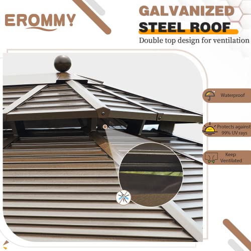 EROMMY 14'x20' Hardtop Gazebo Double Roof Galvanized Steel Canopy Outdoor Aluminum Frame Permanent Metal Pavilion with Netting and Curtains for Patio Backyard Deck and Lawns