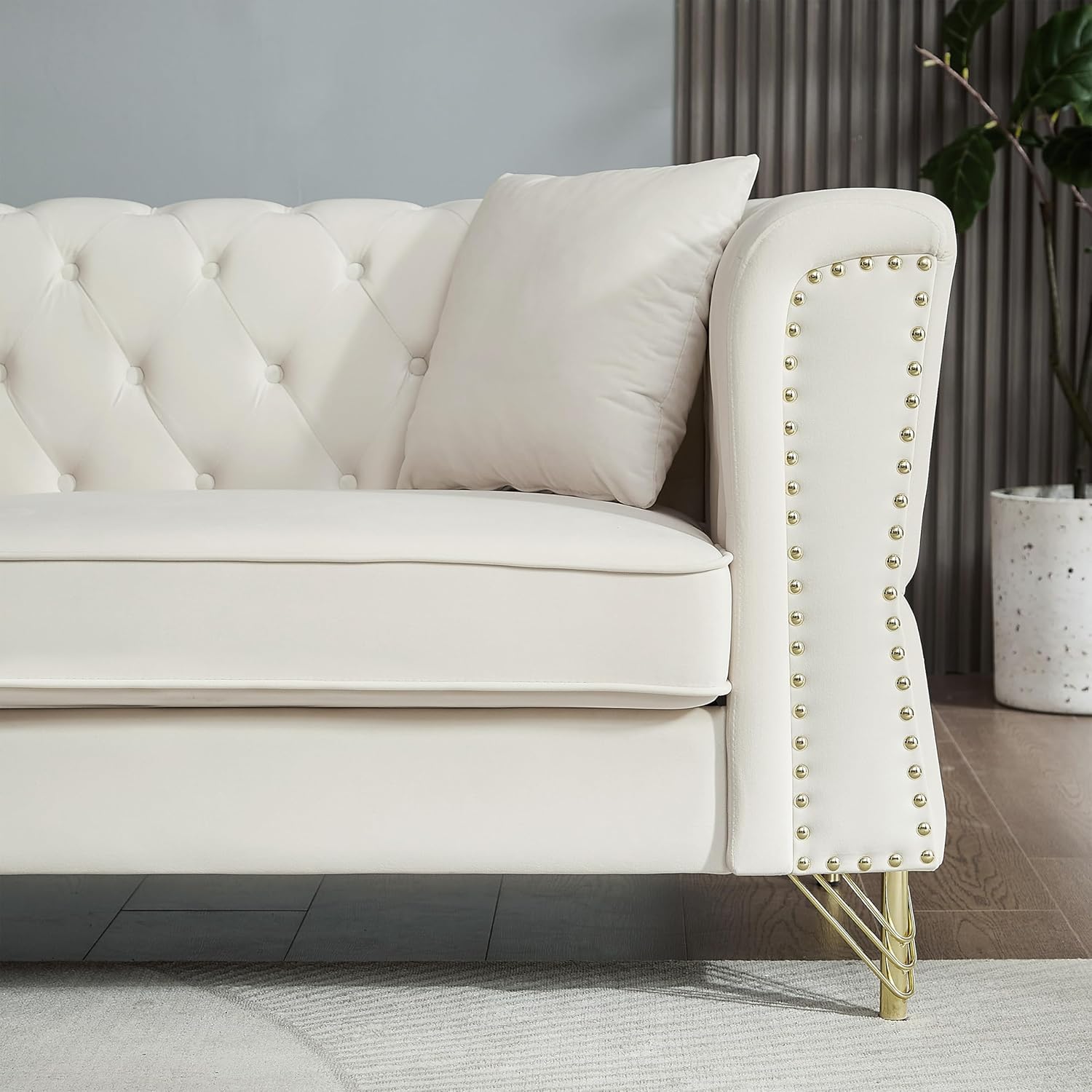 3-seater + 2-seater Combination Sofa Tufted Couch with Rolled Arms and Nailhead for Living Room, Bedroom, Office, Apartment, four pillows (Beige)