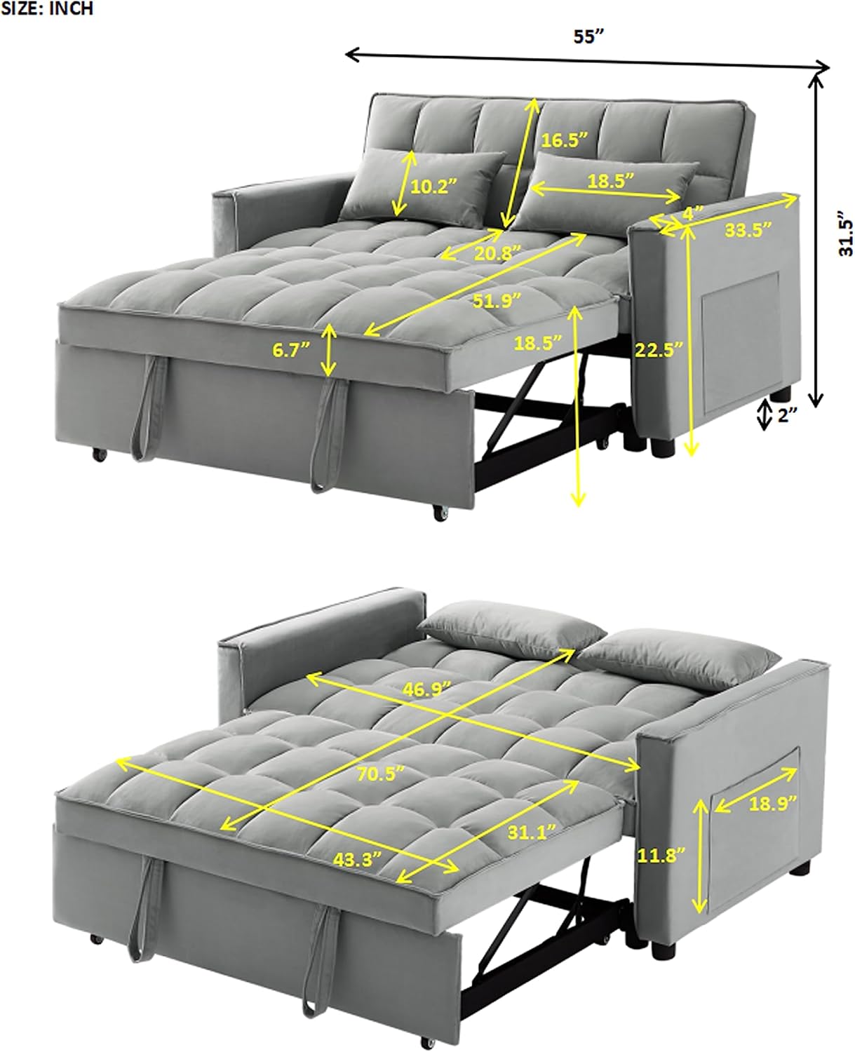 Eafurn 3 in 1 Multi-Functional Convertible Sleeper Sofa Bed, Modern Futon Loveseat Pull Out Couch with Reclining Adjustable Backrest & Side Pockets for Apartment Living Room Bedroom, Grey 55.2"