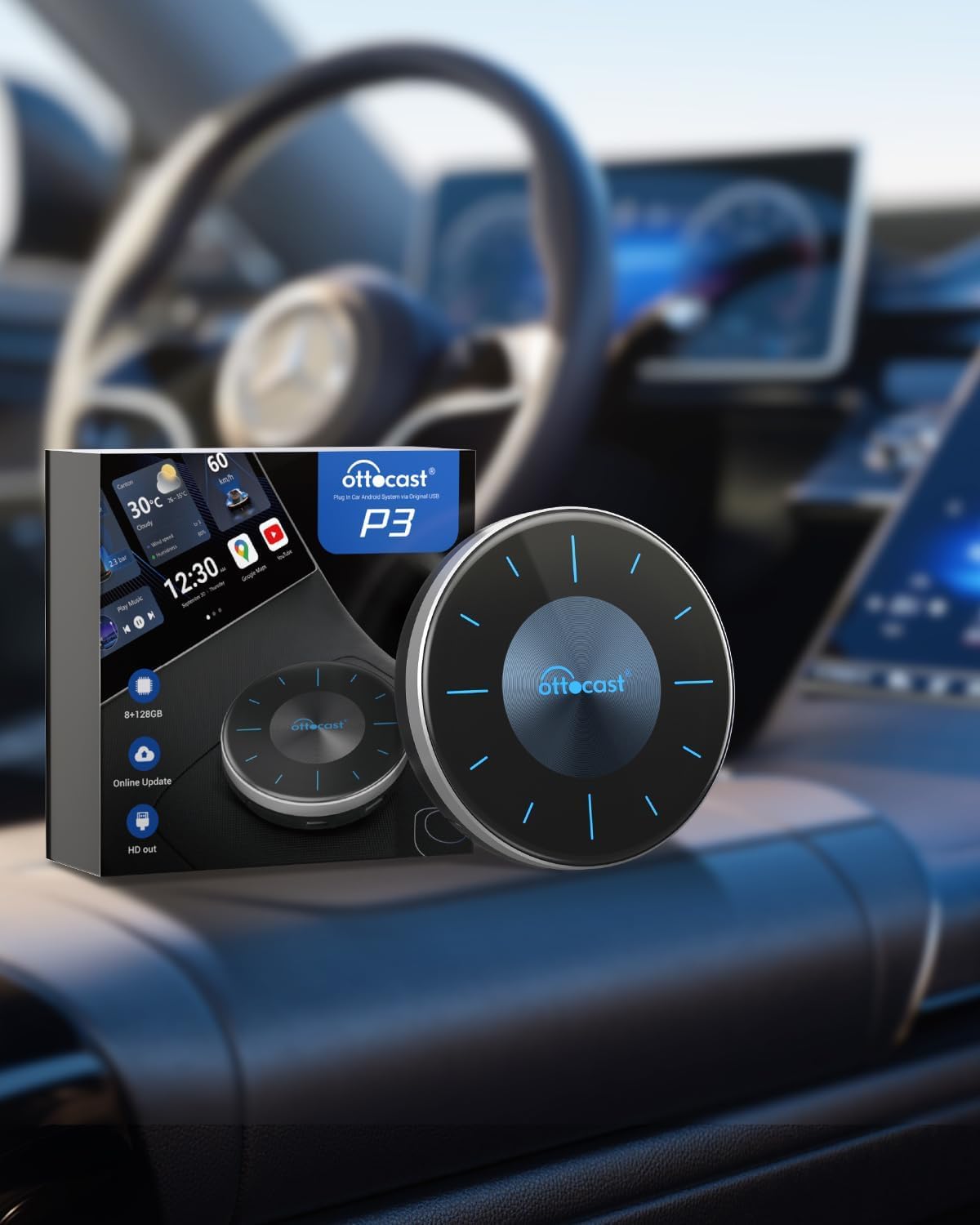OTTOCAST P3 CarPlay AI Box - Android 12.0 CarPlay Video Adapter Wireless CarPlay Android Auto Adapter, Multimedia AI Box Support HDMI Output Youtube Netflix Disney+ Tiktok Streaming Videos to Your Car
