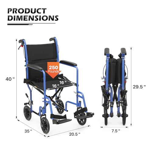 monicare Lightweight Wheelchair for Adults, with Locking Hand Brakes, 8 Inch Rear Wheels and Back Folds Down User-Friendly Transport Compact 16 Inch Seat Wheel Chair, 250 lbs Weight Capacity, Red