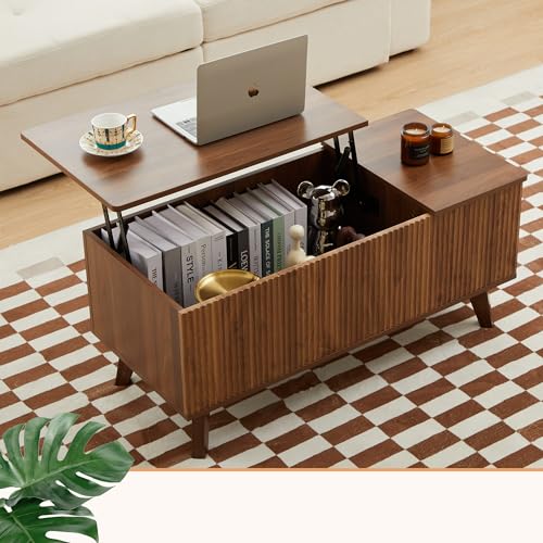 Mid-Century Modern Rectangular Wood Coffee Table with Dual Storage Shelf, Storage Center Coffee Tables with Waveform Panel Sliding Door Dining Table for Living Room Apartment(Walnut)