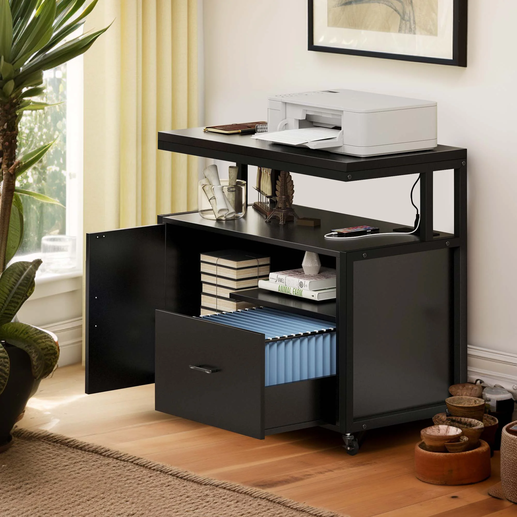 DWVO Wood File Cabinet with Charging Station, Rolling Lateral Filing Cart with Door & Printer Shelf for A4 Letter Size Files for Home Office
